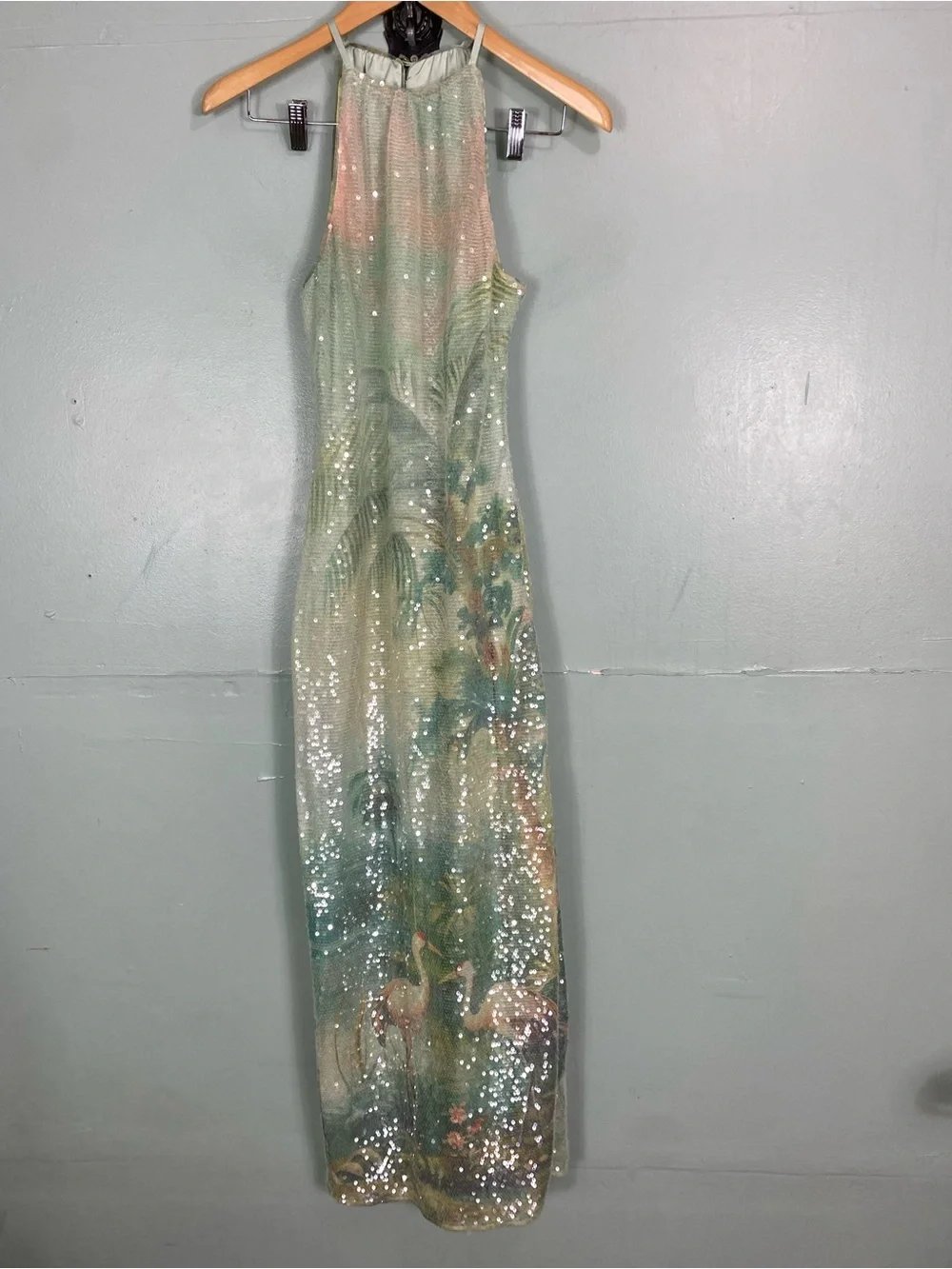 BHLDN Paulina Halter Printed Sequin Midi Dress Green Bird Small